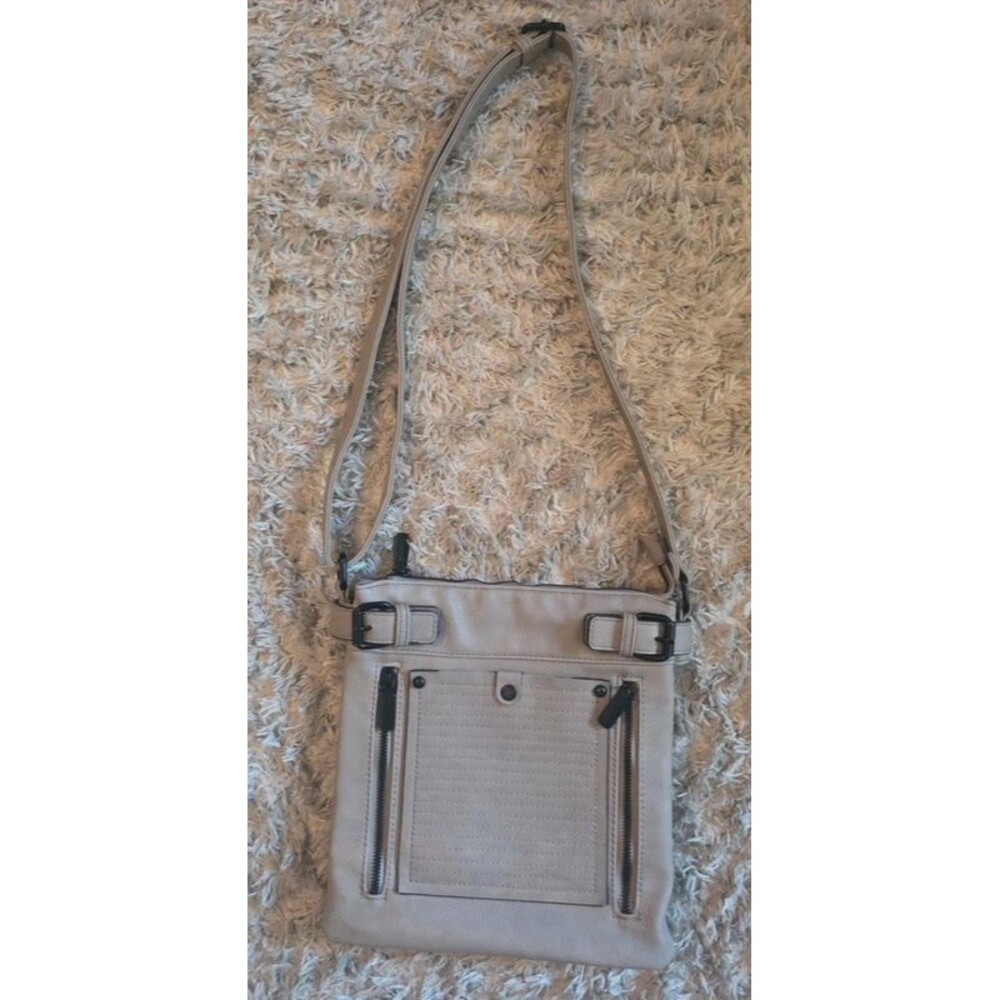 Gussaci Taupe Crossbody Bag Black Hardware Zip Closure Lined Adjustable Strap